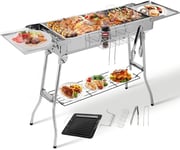 Charcoal Grill (122 x 30 x 75 cm), Portable Charcoal Grill, Folding Grill, Stainless Steel, BBQ Charcoal Grill with Non-Stick Pan, Adjustable Ventilation Openings, Camping Grill for Garden, Backyard,