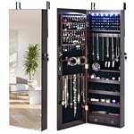 COSTWAY 6 LED Lights Jewelry Cabinet, Door Hanging/Wall Mounted Jewelry Armoire with Full Length Mirror, Lockable Cosmetics Makeup Jewellery Storage Organiser Unit for Bedroom Dressing Room (Brown)