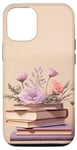 Coque pour iPhone 14 Pro Livres rose violet pastel et fleur sur fond beige