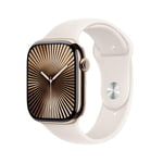 Apple Watch Series 10 (GPS + Cellular 46 mm) Smartwatch mit Titangehäuse in Gold und Sportarmband in Polarstern (S/M). Fitnesstracker, EKG App, Always-on Retina Display, Wasserschutz