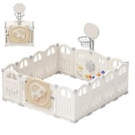 UBRAVOO Parc pour bébé pliable avec mini panier de basket et 50 balles colorées, à thème de voiture pour tout-petits,grand centre d'activités intérieur amusant(14 panneaux,Blanc laiteux)