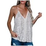 Sisifa Casual V Neck Sequin Tank Tops for Women, Loose Sleeveless Camisole Tunic Shirt