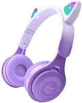 Joso Kids Headphones, 2 in 1 Wired/Wireless Headsets with Microphone for girls and boys, Cat Ear Headphones Foldable with Limited Volume for Childrens Aged 5+ (Purple)