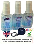 3x Purell ADVANCED Hygienic Hand Rub 60ml Sanitiser Gojo 9650 + Belt Clip Reel