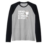 Vintage Coffee Espresso Barista Grind Tamp Express Repeat Raglan Baseball Tee