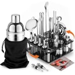 KINGROW Mixology Cocktail Shaker Set - Complete 29-Piece Bartender Kit and Bar Tools with Acrylic Rotating Stand, Professional Bar Set for Drink Mixing, Home, Bar, Party (Sliver)