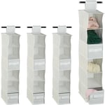 Relaxdays - Etagère à suspendre en tissu, lot de 4, 6 compartiments, 2 tiroirs, pour dressing, hlp: env. 82 x 14,5 x 30 cm, blanc