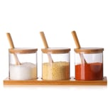 DecentGadget 3PCS Glass Spice Jars Set Sugar Bowl Seasoning Pots with Bamboo Lid Holders ans 3 Spoon