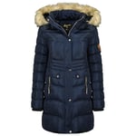 Geographical Norway Badonna Lady Parka Longue Epaisse Chaude Femme Automne Hiver - Manteau Fin Capuche Fausse Fourure - Blouson Coupe Vent - Doudoune Elegante Femmes (Marine M)