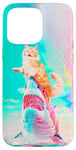 Coque pour iPhone 15 Pro Max Chat orange amusant chevauchant le requin blanc Cyberpunk