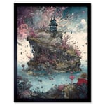 Fantasy World Coastal Island Landscape Nymph House Magical Marine Life Flying Fish Seaweed Cloud Art Print Framed Poster Wall Decor 12x16 inch