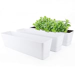 GREANER Window Boxes Planters, 3PCS 16x3.8 Inch Large Herb Planters with Tray, Indoor Succulent Cactus Flowers Vegetable Plastic Rectangle Pot for Balcony, Office, Garden, Outdoor, Windowsill (White)