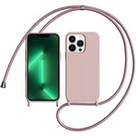 OUBELI Coque avec Cordon pour iPhone 13 Pro Max, Silicone Liquide Lanyard Case Réglable Collier Case, Coque de Protection Souple en TPU résistant aux Chocs et antidérapante - Couleur Rose.