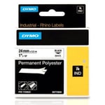 Dymo Rhino Industrial -permanent polyestertejp 24 mm x 5,5 m, svart med vit bakgrund