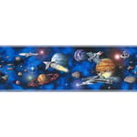 Frise papier peint enfant planète & fusée Frise tapisserie chambre garçon motif planète Frise murale enfant bleue thème espace - Bleu, Noir