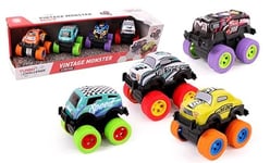 TURBO CHALLENGE - 4 Véhicules Monster Vintage - Die Cast - 022885-1/36 - Voiture Rétro-Friction - Multicolore - Métal - Jouet Enfant - Cadeau - Miniature - À Partir de 3 Ans