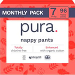 Pura Eco Nappy Pants - Size 7 (17kg+), 6 x 16 Nappies (96 Total), Pull Up Disposable Baby Nappies for Sensitive & Allergy Prone Skin, Hypoallergenic, Fragrance Free, Easy-Tear Side, New Size Guide