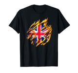 Union Jack British Flag Torn Scratched Flames Fiery Effect T-Shirt