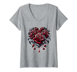 Womens Melting Red Roses Heart Valentines Day Flower Rose Lover V-Neck T-Shirt