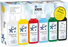 KREUL 42847 - Window Color Set promotionnel, 5 bouteilles de peinture pour fenêtres à 80 ml, 1 bouteille de peinture pour contours à 80 ml, feuille plastique spéciale & modèles de dessin