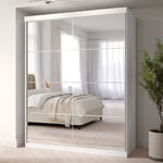 White Mirrored Sliding Door Double Wardrobe with Shelves - Sidney SDN002