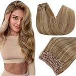 RUNATURE Extension Cheveux Naturel Clip Brun Doré avec Blond Doré Extension a Clip Cheveux Naturel Ramy Hair Rajout Cheveux Clip Naturel Lisse 12 Pouces/30cm 7pcs/80g #10P16