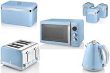 SWAN Retro Jug Kettle 4 Slice Toaster Microwave Breadbin & Canisters in Blue