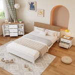 Ensemble de chambre complet, 3 morceaux. lit double moderne, table de chevet, commode, blanc+naturel