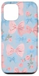 Coque pour iPhone 14 Nœuds bleu clair avec motifs roses et papillons