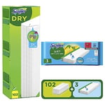 Swiffer Balai Attrape-Poussière Pour Sols,Pack de Recharges, 102 Lingettes Sèches 102 Et 3 Lingettes Humides, Attrape Et Retient 3 Fois Plus De Poussière, Saleté Et Poils Qu’Un Balai Classique