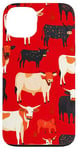 Coque pour iPhone 13 Rouge Art Déco Vaches Géométriques Ranch Pâturage Ferme Rustique