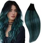 RUNATURE Extension Cheveux Adhesive Ombre Noir avec Teal Extension Bande Adhesive Cheveux Humain Invisible Extension Cheveux Adhesive Lisse 22 Pouces/55cm 20 Pièces/50g #1B/Teal