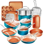 Gotham Steel Cookware and Bakeware Set with Nonstick Durable Ceramic Copper Coating – Includes Skillets, Stock Pots, Deep Square Fry Basket, Turquoise, 20 Piece Set