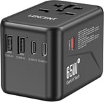 Adaptateur De Voyage Prise Universelle Chargeur International Gan Iii 65W Avec 2 Usb & 3 Usb-C Pd Adaptateur International France Vers Usa Canada Uk Aus Chine Prise Monde Type A C G I Noir