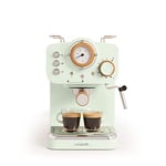 CREATE / THERA RETRO MATT/Cafetière express semi-automatique vert mate et bois / 20 bar, bras à double écoulement, réservoir 1,25L, café moulu et monodose ESE 55mm, avec steamer, 1100W