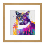 Abstract Cat Vibrant Iridescent Colour Spray Drip Painting Square Wooden Framed Wall Art Print Picture 8X8 Inch