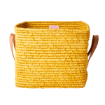 Rice - Small Square Raffia Basket with Leather Handles Yellow