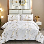 WONGS BEDDING White Gold Metallic Marble Comforter Set Queen Foil Print Glitter Bedding Sets with 2 Pillowcases for All Seasons, Soft Microfiber Filling Bedding Duvet Set 90"x90"