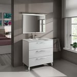 Dmora - Meuble de comptoir Dlo, Armoire de toilette, Armoire avec 3 tiroirs et miroir, évier non inclus, 80x45h86 cm, Blanc brillant