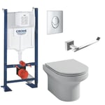 Pack WC suspendu Jacob Delafon sans bride Elite abattant + Bâti support Grohe RapidSL + plaque chromé + Porte-rouleau chromé