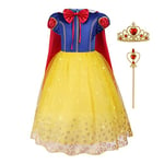 Aomig Deguisement Robe Princesse Enfant Fille, Deguisement Robe Princesse Blanche Neige avec Accessoires de Baguette pour Enfant, Costume d' Halloween Anniversaire Fete Carnaval(130CM)