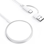 Chargeur A Induction Magnetique 15w-Mfi Certifie-Base Magnetique Vers Cable De Chargement Usb-C(1m)Avec Port Usb-A,Convient Pour Iphone15/14/13/12 Pro Max Mini Plus,Chargeur Portable,Blanc