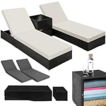 TecTake® Set de 2X Chaise Longue Bain de Soleil avec Dossier réglable + Table de Jardin en Aluminium et Resine Tressee + 2 Set de Housses + Housse de Protection Piscine Balcon Jardin - Noir/Marron