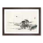 Big Box Art Cottage in The River by Kono Bairei Framed Wall Art Picture Print Ready to Hang, Walnut A2 (62 x 45 cm)