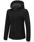 Outdoor Ventures Veste softshell imperméable et respirante pour femme - Veste demi-saison coupe-vent - Veste fonctionnelle avec capuche, Noir , L