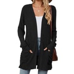 Famulily Black Long Cardigan for Women UK, Rib Knitted Solid Color Lightweight Outerwear Sweater with Pockets (S, Black)