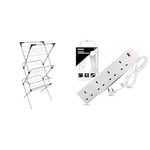 Vileda Sprint 3-Tier Clothes Airer, Indoor Clothes Drying Rack with 20 m Washing Line, Silver & Heavy Duty Extension Lead UK Pin Plug and Cable, 4 Gang Way 2m Power Adapter