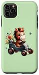 Coque pour iPhone 11 Pro Max Adorable cheval en voiture avec fleurs sur fond vert