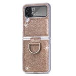 Samsung Galaxy Z Flip 4 Case, Glitter Silicone Sparkle Galaxy Z Flip 4 Mobile Phone Case with 360 Degree Ring Holder Stand, Soft TPU Bumper Hard PC Protective Case for Samsung Z Flip 4, Gold