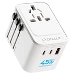 decqle Adaptateur Prise Universelle, Adaptateur Voyage International avec 2 Ports USB-C(GaN 45W) ＆ 1 USB-A, Concerner France vers USA, UK, EU, AU ＆ 224+ Pays (Blanc)